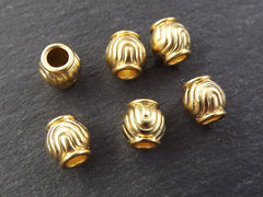 Gold Barrel Beads, Large Round Ripple Wave Detail Ball Bead Spacers, Bracelet Beads, Non Tarnish 22k Matte Gold Plated Brass, 6pc