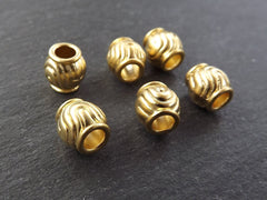 Gold Barrel Beads, Large Round Ripple Wave Detail Ball Bead Spacers, Bracelet Beads, Non Tarnish 22k Matte Gold Plated Brass, 6pc