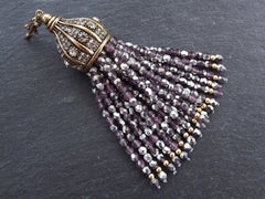 Heather Purple Silver Beaded Tassel Pendant Facet Cut Czech Glass Fire Polished AB Iridescent Beads, Ethnic Tassel - Antique Bronze - 1PC