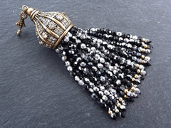 Black Silver Beaded Tassel with Facet Cut Czech Glass Fire Polished AB Iridescent Beads Antique Bronze Rhinestone Accents - 1PC