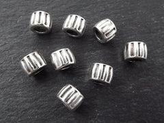 Silver Barrel Beads, Ribbed Beads, Corrugated Beads, Lined Beads, Striped Beads, Grooved Beads, Round Beads, Antique Silver Plated 8pcs