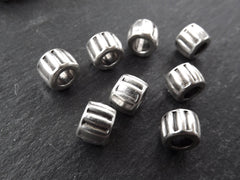 Silver Barrel Beads, Ribbed Beads, Corrugated Beads, Lined Beads, Striped Beads, Grooved Beads, Round Beads, Antique Silver Plated 8pcs