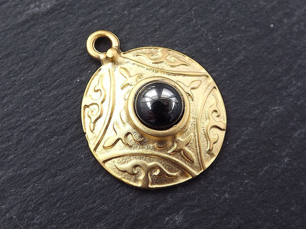 Round Dome Tribal Pendant with Shiny Greystone Glass Accent - 22k Matte Gold plated - 1pc