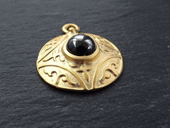 Round Dome Tribal Pendant with Shiny Greystone Glass Accent - 22k Matte Gold plated - 1pc