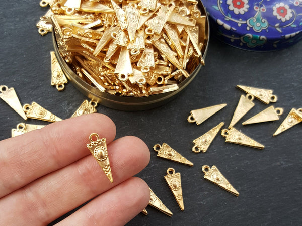 10 Mini Tribal Triangle Spike Charms, Gold Charms, Gold Pendants, Small Gold Triangle, Triangle Charms, Tribal Charms, 22k Matte Gold Plated