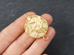 Soft Ivory Cream Rustic Leaves Jade Connector  - 22k Matte Gold plated Bezel - 1pc