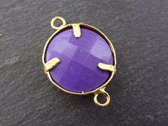 Purple Rustic Leaf Jade Stone Connector Pendant, Gold Bezel, Royal Purple, 22k Matte Gold plated, 1pc