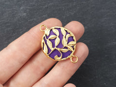 Purple Rustic Leaf Jade Stone Connector Pendant, Gold Bezel, Royal Purple, 22k Matte Gold plated, 1pc