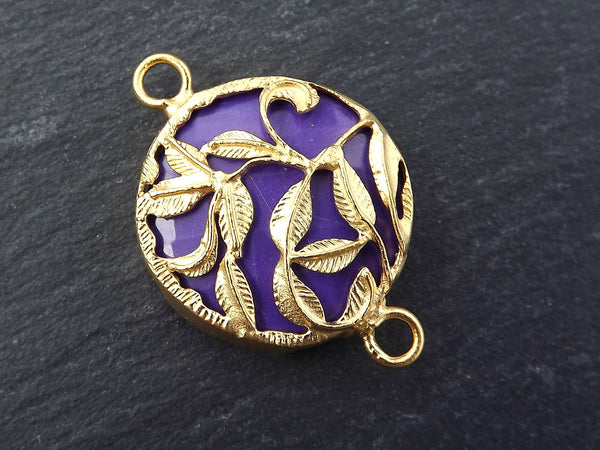 Purple Rustic Leaf Jade Stone Connector Pendant, Gold Bezel, Royal Purple, 22k Matte Gold plated, 1pc