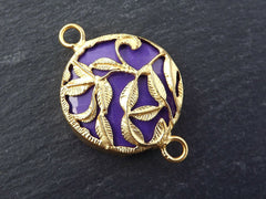 Purple Rustic Leaf Jade Stone Connector Pendant, Gold Bezel, Royal Purple, 22k Matte Gold plated, 1pc