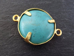 Turquoise Stone Connector Pendant, Rustic Leaf Detail, Gemstone Charm, 22k Matte Gold plated Bezel, 1pc