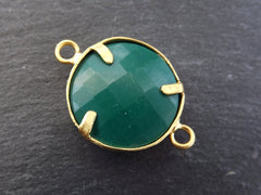 Emerald Green Rustic Leaves Jade Connector  - 22k Matte Gold plated Bezel - 1pc