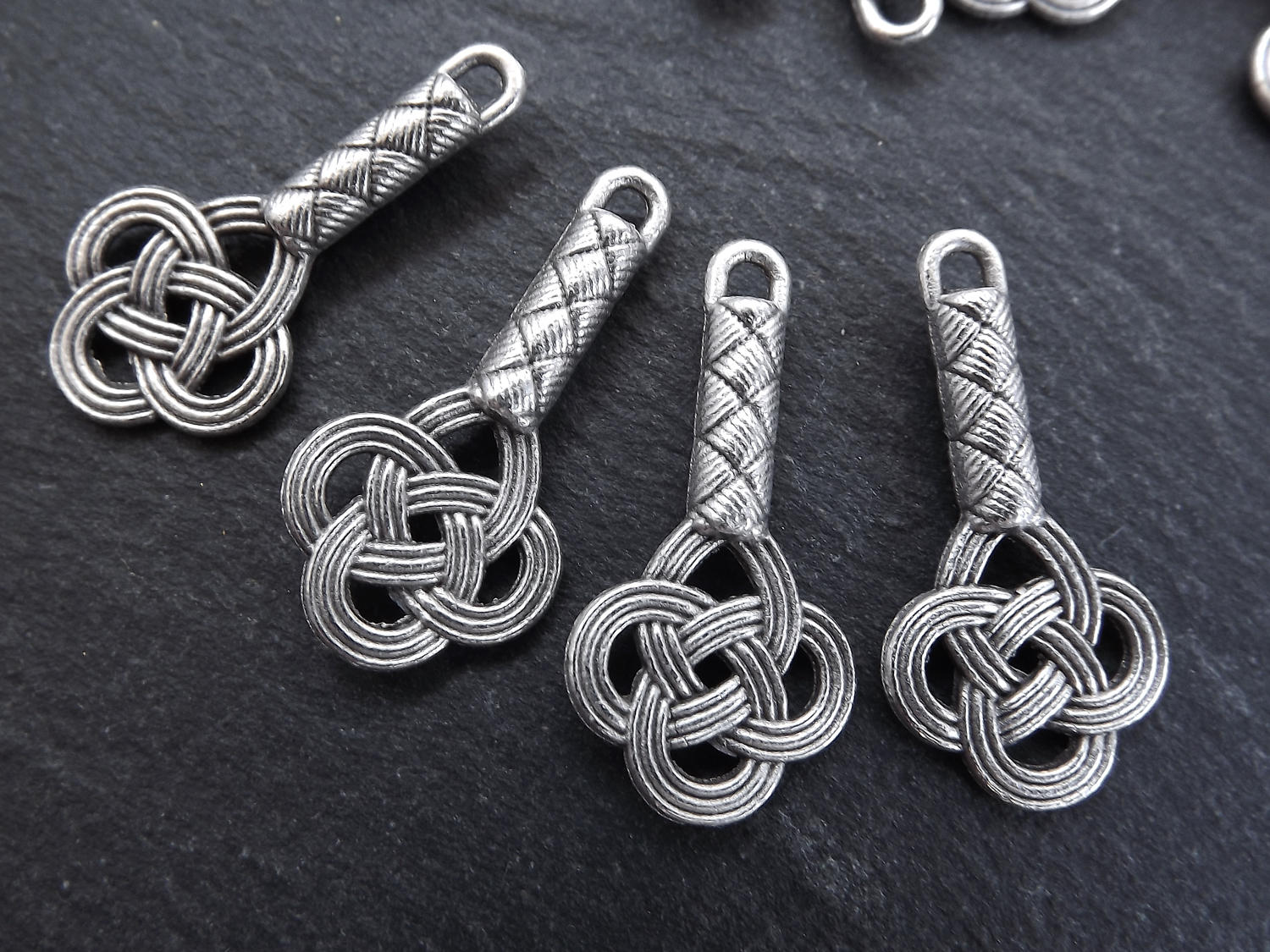 Chinese Flower Knot Charm Pendant, Silver Charms, Jewelry Making Supplies - Matte Antique Silver Plated- 4pc