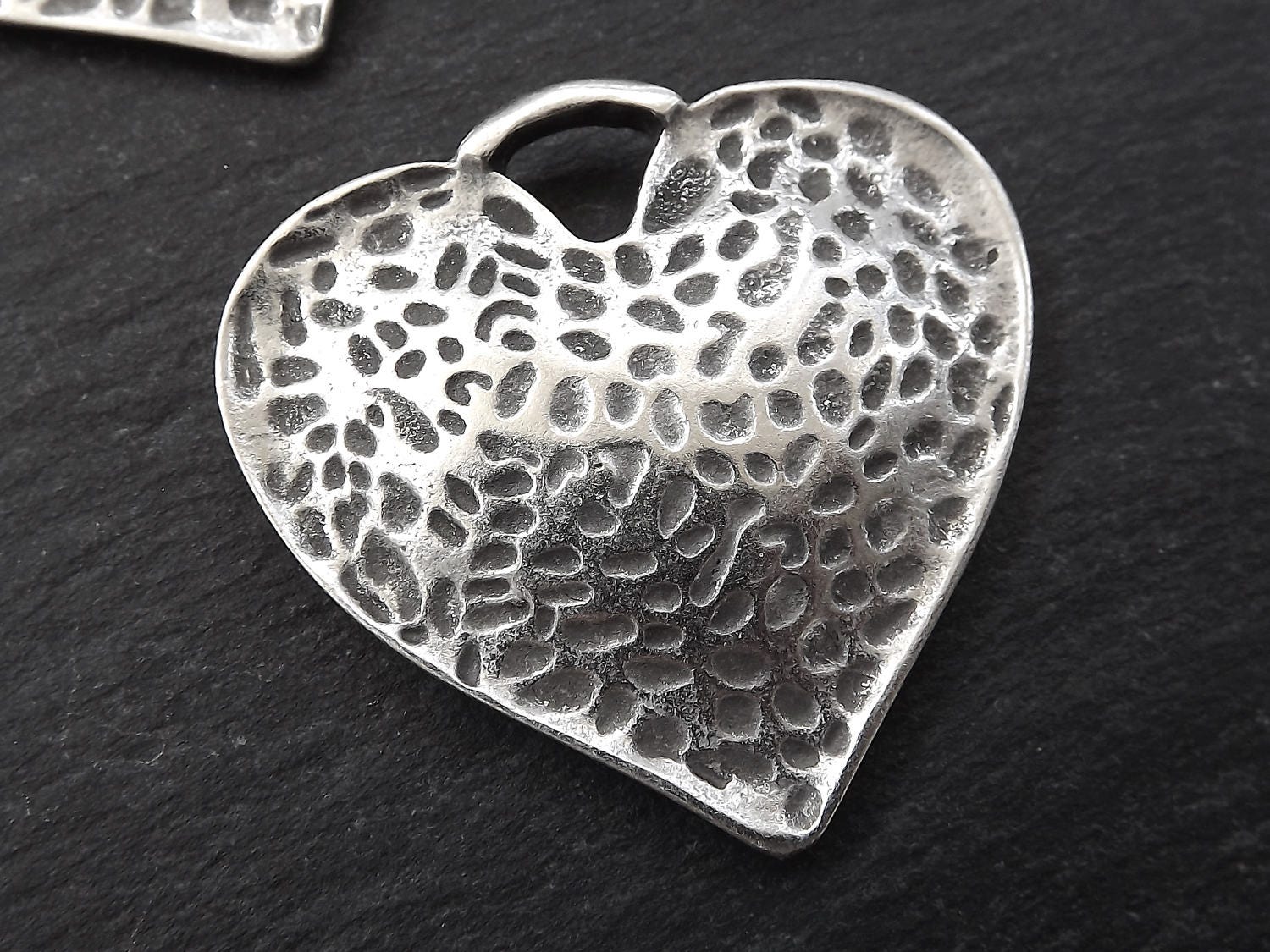 Large Silver Hammered Love Heart Pendant, Rustic Charm, Turkish Jewelry Making Supplies, Matte Antique Silver Plated - 1pc