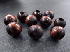 Natural Round Wood Beads Dark Brown Dyed Varnished Plain Simple Round Smooth Ball Bead Spacers Large Hole - 13mm - 10 pcs