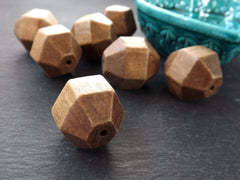 Large Hexagon Wood Beads Dark Brown Dyed Satin Varnished Hexagonal Prism Tribal Bead Spacers, 27x22mm - 2pcs