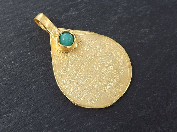 Teardrop Medallion Pendant with Aqua Jade Stone Accent - Arabic Calligraphy - 22k Matte Gold Plated - 1pc