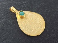 Teardrop Medallion Pendant with Aqua Jade Stone Accent - Arabic Calligraphy - 22k Matte Gold Plated - 1pc