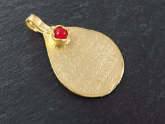 Teardrop Medallion Pendant with Red Jade Stone Accent, Arabic Calligraphy, Gold Medallion, Gold Teardrop, 22k Matte Gold Plated - 1pc
