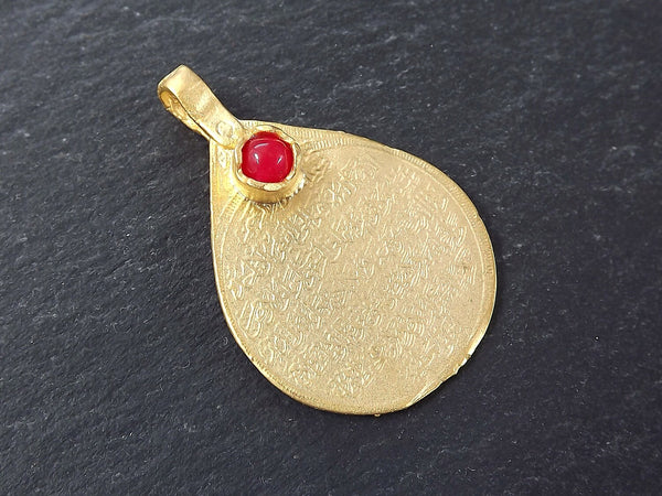 Teardrop Medallion Pendant with Red Jade Stone Accent, Arabic Calligraphy, Gold Medallion, Gold Teardrop, 22k Matte Gold Plated - 1pc
