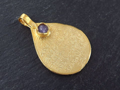 Teardrop Medallion Pendant with Lilac Purple Jade Stone Accent - Arabic Calligraphy - 22k Matte Gold Plated - 1pc