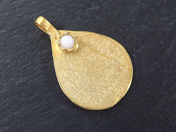 Gold Teardrop Medallion Pendant with White Jade Stone Accent - Arabic Art Calligraphy - Ethnic Boho Bohemian 22k Matte Gold Plated - 1pc