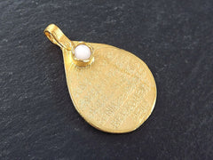 Gold Teardrop Medallion Pendant with White Jade Stone Accent - Arabic Art Calligraphy - Ethnic Boho Bohemian 22k Matte Gold Plated - 1pc