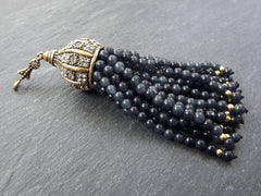 Large Long Dark Gray Jade Stone Beaded Tassel with Crystal Accents - Antique Bronze - 1PC