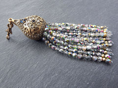 Rainbow Gray Beaded Tassel with Facet Cut Czech Glass Fire Polished AB Iridescent Beads - Pear Shape Cap - Antique Bronze - 1PC