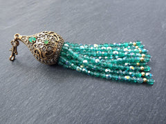 Aqua Beaded Tassel with Facet Cut Czech Glass Fire Polished AB Iridescent Beads - Pear Shape Cap - Antique Bronze - 1PC