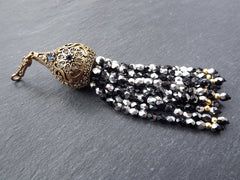 Black Silver Beaded Tassel with Facet Cut Czech Glass Fire Polished AB Iridescent Beads - Pear Shape Cap - Antique Bronze - 1PC