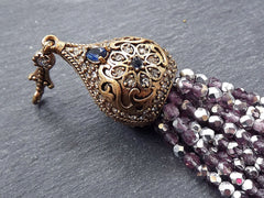 Heather Purple Silver Beaded Tassel with Facet Cut Czech Glass Fire Polished AB Iridescent Beads - Pear Shape Cap - Antique Bronze - 1PC