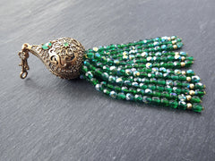 Shamrock Green Beaded Tassel with Facet Cut Czech Glass Fire Polished AB Iridescent Beads - Pear Shape Cap - Antique Bronze - 1PC