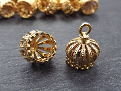 2 Ornate Tassel Caps - Medium Size - 22k Matte Gold Plated Round Round Bead caps