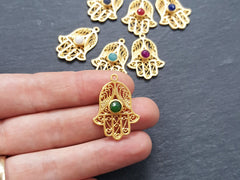 Gold Hamsa Charm Pendant with Violet Purple Gemstone, Filigree Hamsa, Hand of Fatima, Hand Charm, Jewish Hamsa, 22k Matte Gold Plated
