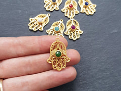 Filigree Hand of Fatima Hamsa Pendant Charm with Royal Blue Facet Cut Jade Accent- 22k Matte Gold Plated