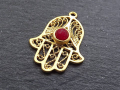 Filigree Hand of Fatima Hamsa Pendant Charm with Red Facet Cut Jade Stone Accent Boho Bohemain Jewelry Supplies - 22k Matte Gold Plated