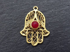 Filigree Hand of Fatima Hamsa Pendant Charm with Red Facet Cut Jade Stone Accent Boho Bohemain Jewelry Supplies - 22k Matte Gold Plated