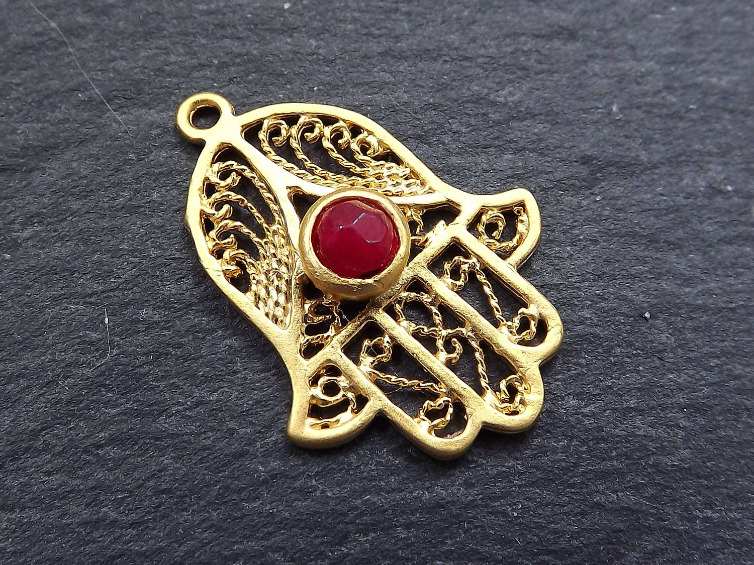 Filigree Hand of Fatima Hamsa Pendant Charm with Red Facet Cut Jade Stone Accent Boho Bohemain Jewelry Supplies - 22k Matte Gold Plated