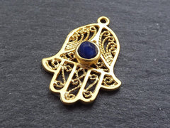 Filigree Hand of Fatima Hamsa Pendant Charm with Royal Blue Facet Cut Jade Accent- 22k Matte Gold Plated