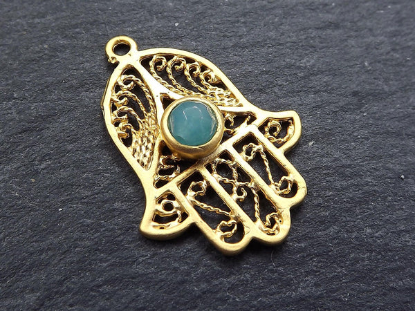 Filigree Hand of Fatima Hamsa Pendant Charm with Aqua Facet Cut Jade Accent- 22k Matte Gold Plated