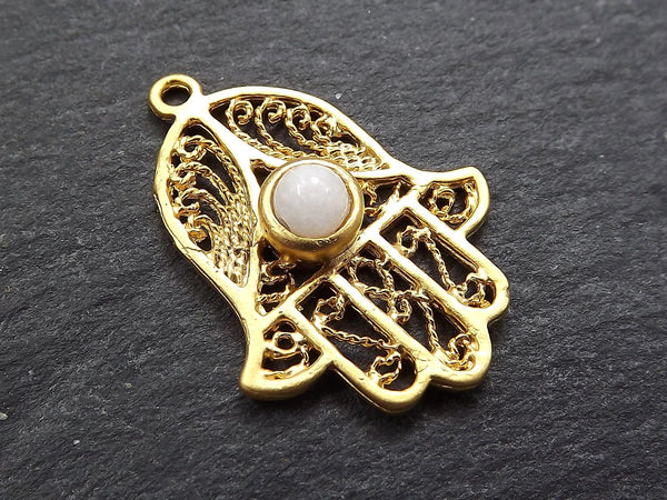 Filigree Hand of Fatima Hamsa Pendant Charm with White Smooth Cut Jade Accent- 22k Matte Gold Plated