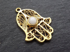 Filigree Hand of Fatima Hamsa Pendant Charm with White Smooth Cut Jade Accent- 22k Matte Gold Plated