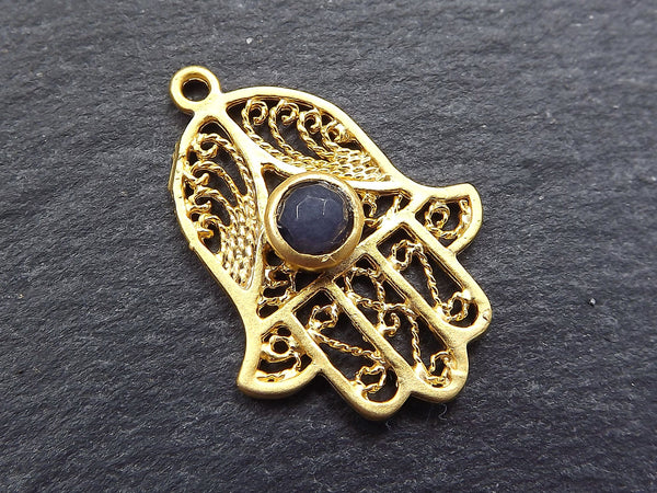 Filigree Hand of Fatima Hamsa Pendant Charm with Smoky Blue Facet Cut Jade Accent- 22k Matte Gold Plated