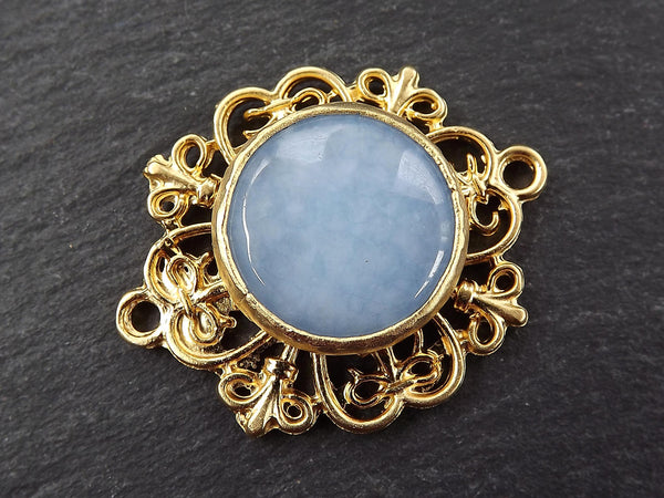 Pale Blue Jade Stone Curly Filigree Connector, Facet Cut Gemstone Pendant, Rustic Boho Bohemain Jewelry- 22k Matte Gold Plated - 1PC