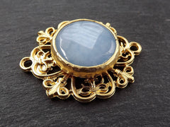 Pale Blue Jade Stone Curly Filigree Connector, Facet Cut Gemstone Pendant, Rustic Boho Bohemain Jewelry- 22k Matte Gold Plated - 1PC