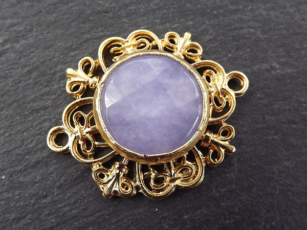 Curly Filigree Connector Pale Lilac Purple Facet Cut Stone Jade Pendant, Jewelry Making Supplies Findings - 22k Matte Gold Plated - 1PC