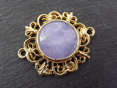 Curly Filigree Connector Pale Lilac Purple Facet Cut Stone Jade Pendant, Jewelry Making Supplies Findings - 22k Matte Gold Plated - 1PC