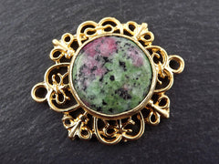 Green Purple Stone Pendant, Gold Curly Filigree Connector Bezel, Natural Gemstone Charm, Facet Cut Jasper, Frame Stone, 22k Matte Gold, 1PC