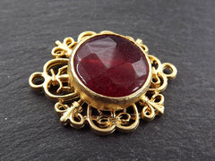 Curly Filigree Connector Deep Red Facet Cut Jade - Jewelry Making Supplies Findings - 22k Matte Gold Plated - 1PC